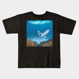 Tropical underwater scene with sharks, stingray, sea turtle and seahorses Kids T-Shirt